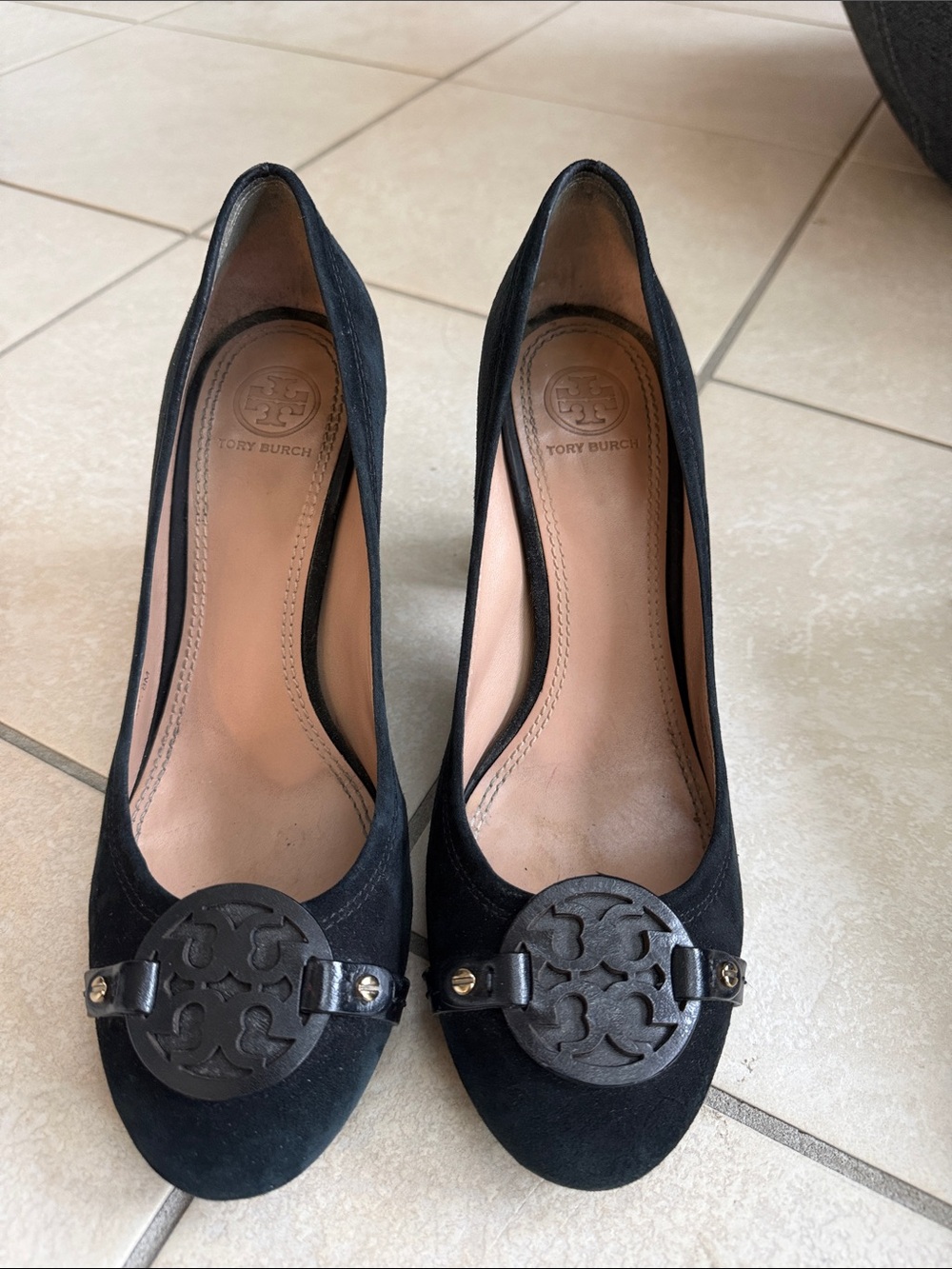 Tory Burch Black Suede Logo Round-Toe Heels